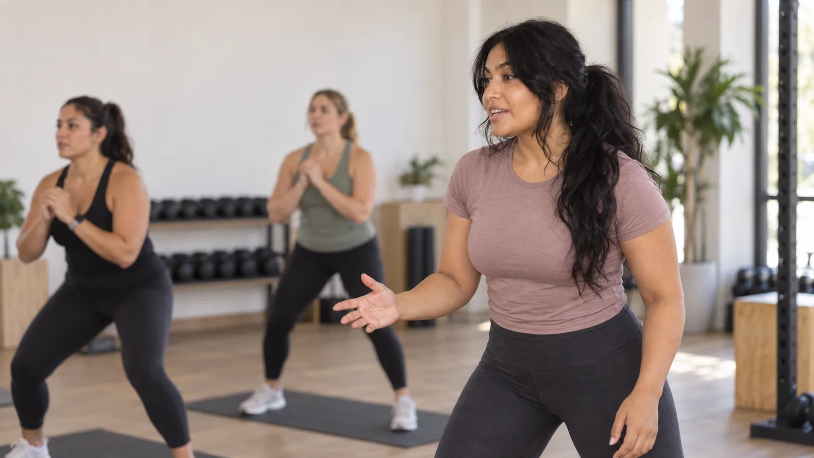 Trainer giving a movement cue during a small studio class.