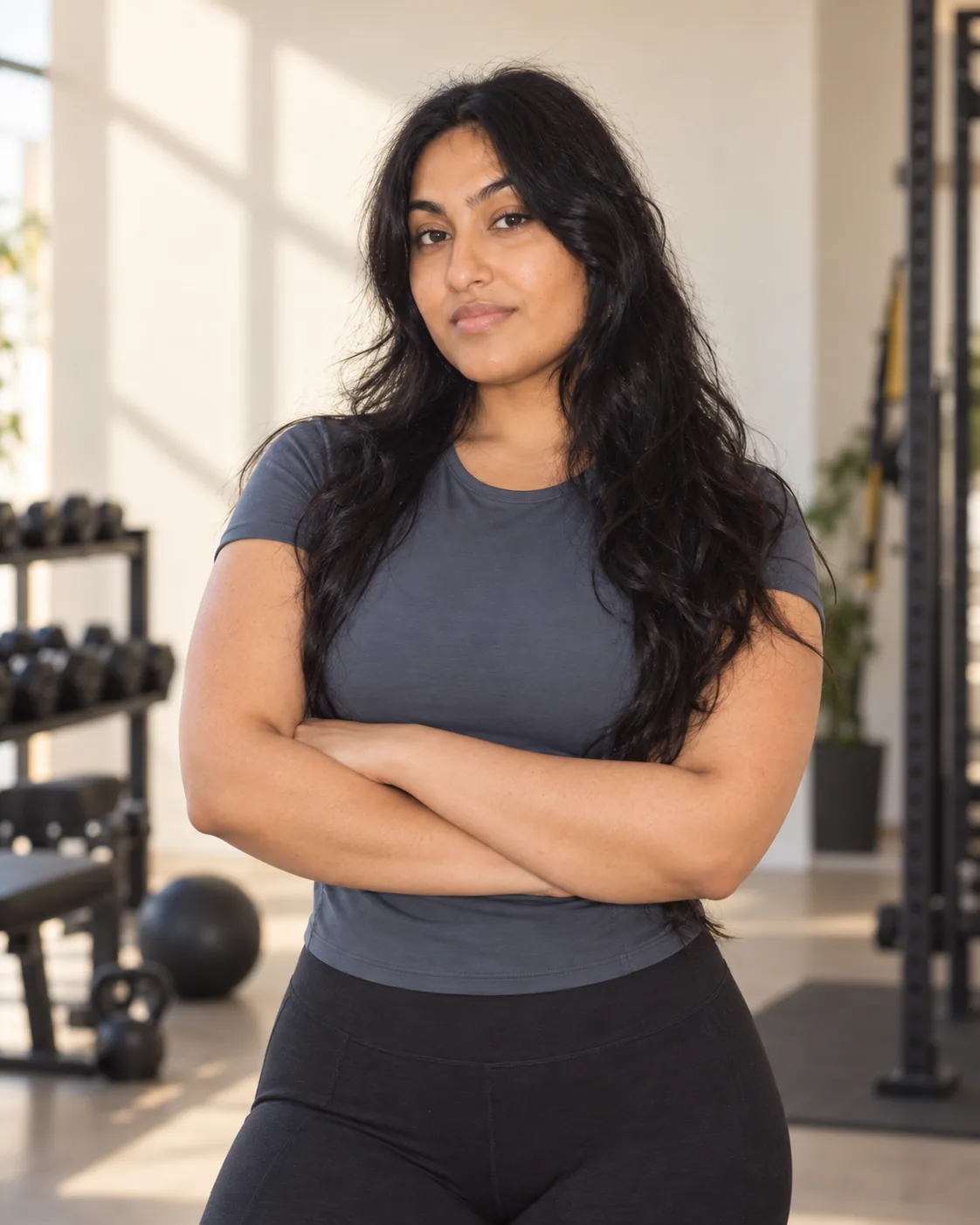 Trainer in a charcoal-blue top with arms loosely folded.