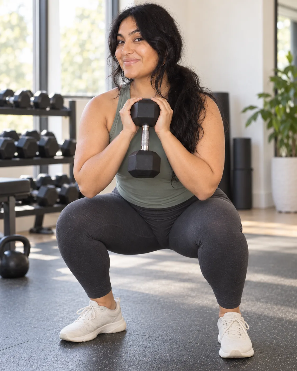 Trainer demonstrating a goblet squat while holding a dumbbell at chest height.