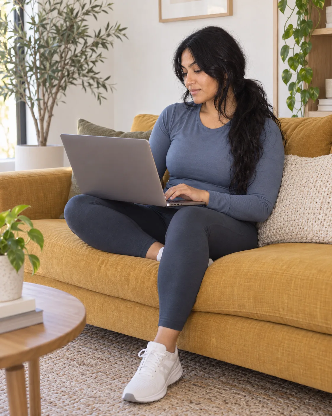 Trainer working on a laptop while seated on an ochre sofa.