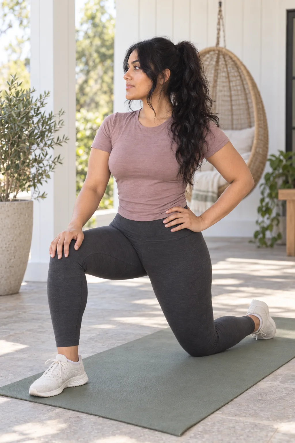 Trainer demonstrating a half-kneeling stretch on a bright veranda.