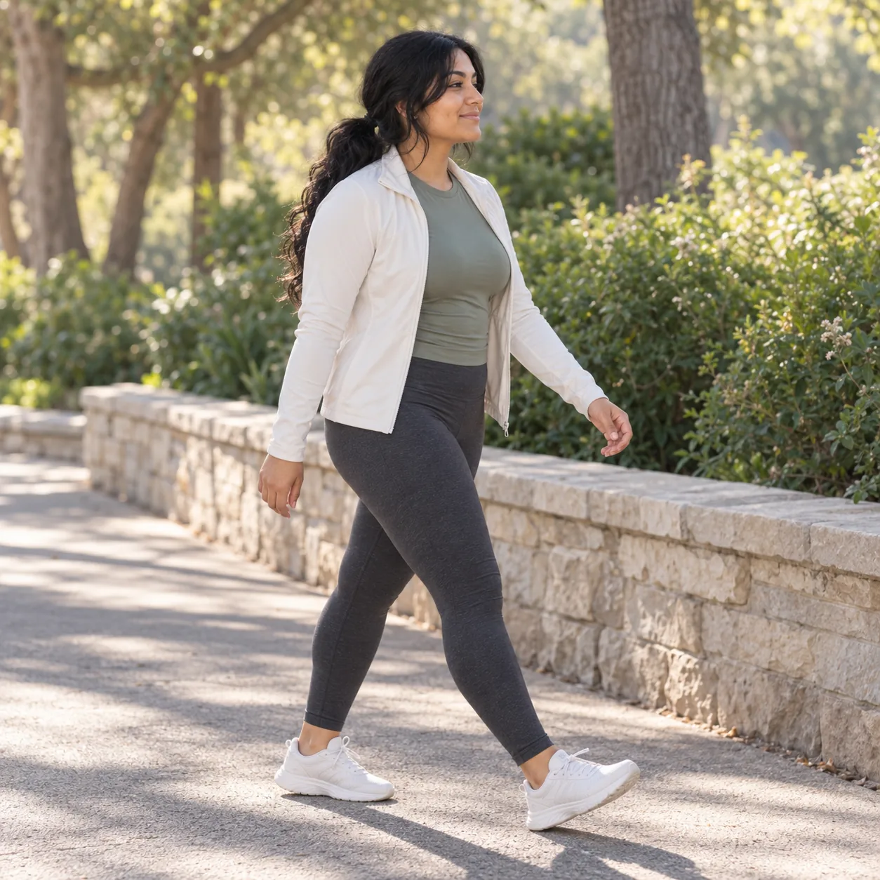 Trainer walking along a peaceful tree-lined path.