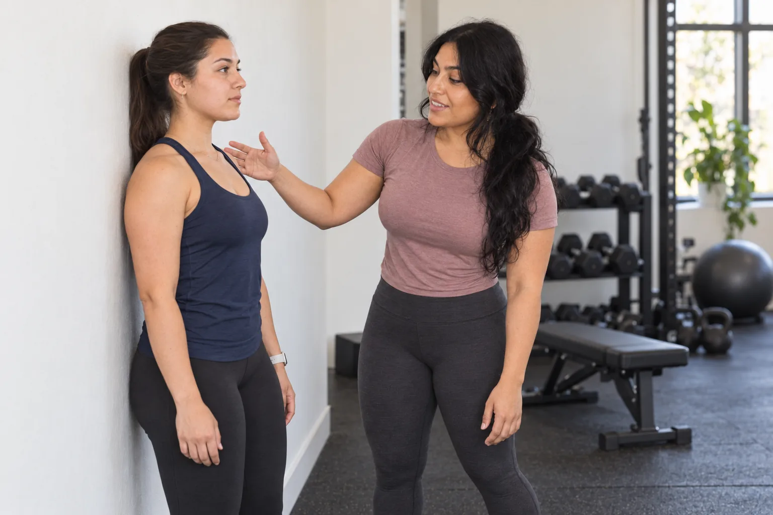 Trainer guiding a standing posture exercise beside a client at a gym wall.