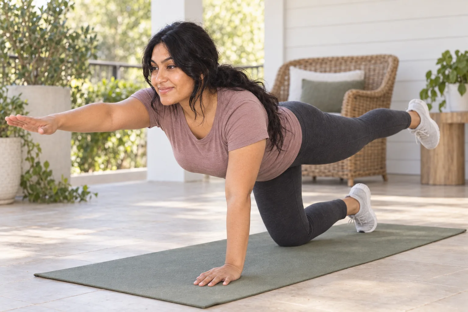 Trainer demonstrating a bird-dog balance exercise on a mat.