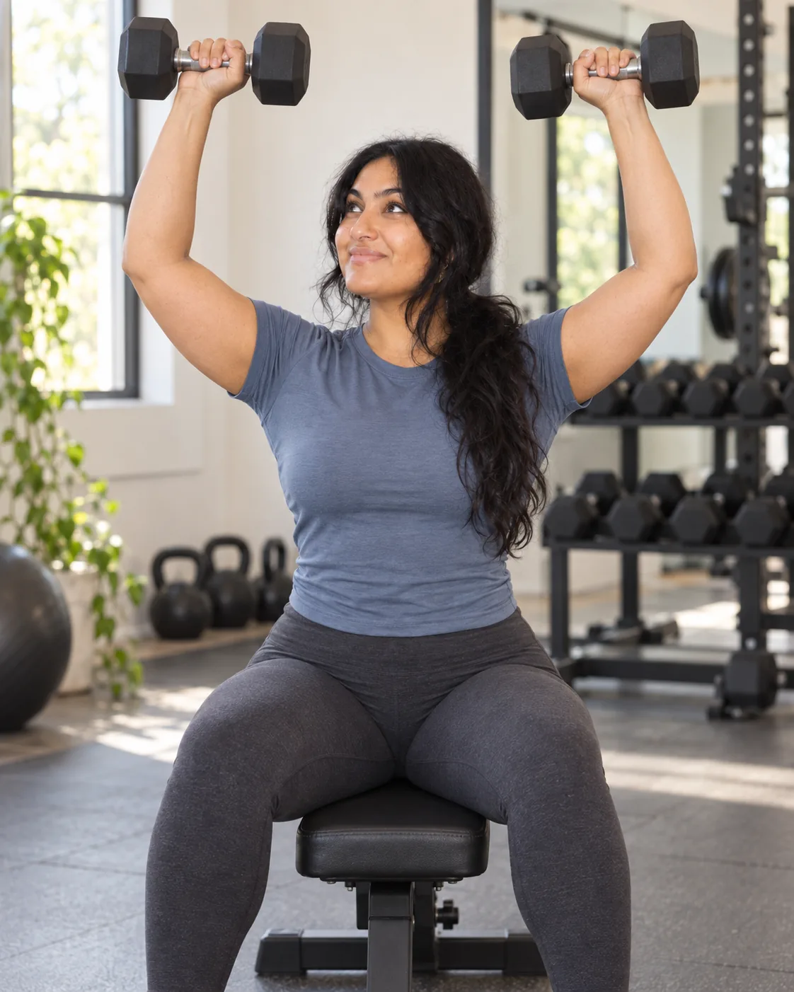 Trainer performing a seated dumbbell shoulder press on a gym bench.