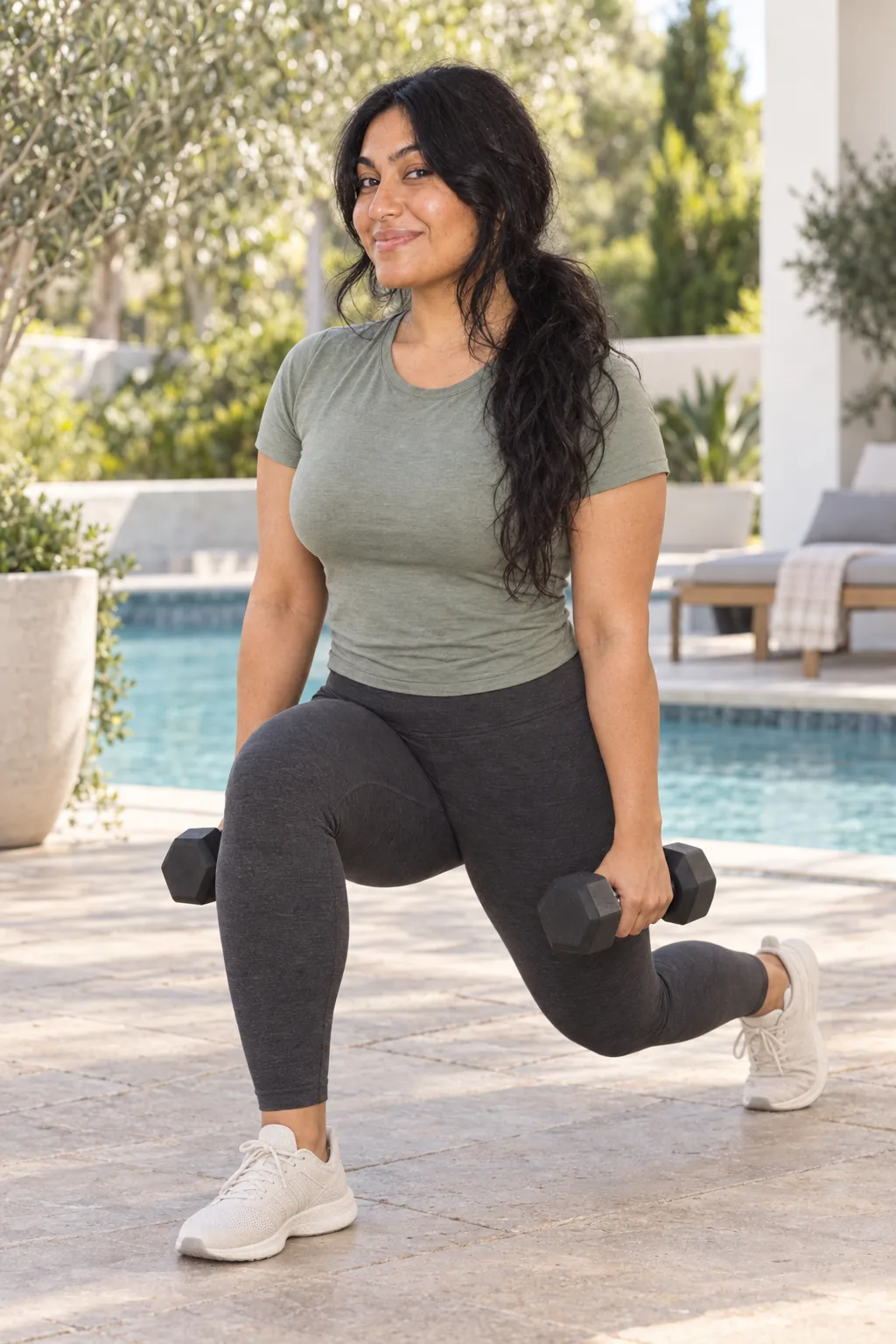 Trainer demonstrating a controlled split-stance lunge with dumbbells.