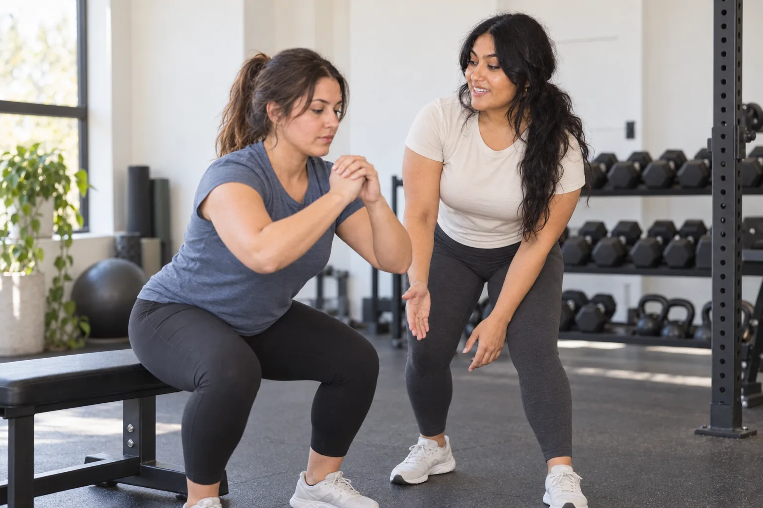 Trainer giving a movement cue while a client practices a squat in the gym.